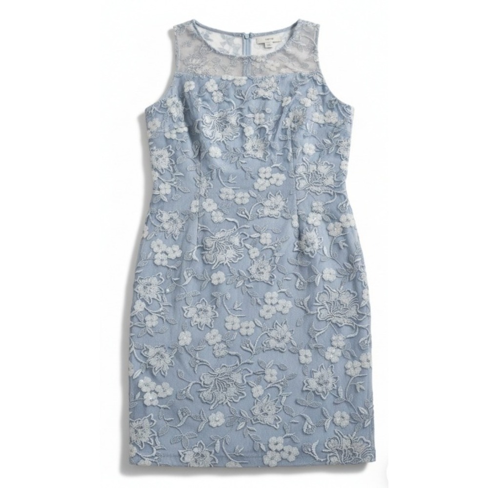 Alex Evenings Blue Floral Sequin Lace Sheath Dress Illusion Neckline Womens 16
